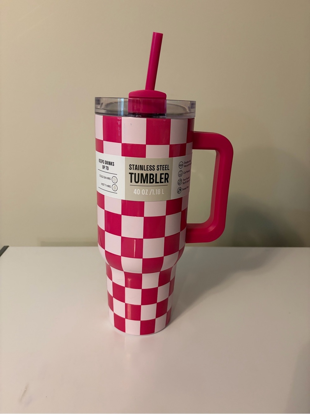 Stainless Steel 40 oz Checkerboard Travel Tumbler - Pink